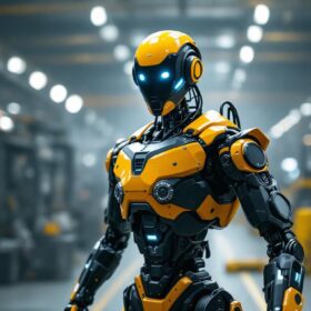 A photograph of a boston dynamics humanoid robot in a dynamic industrial setting