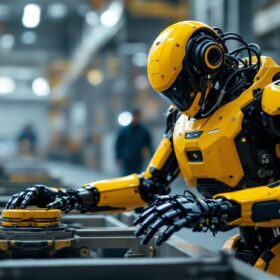 A photograph of capture a photograph of a boston dynamics robot in action within an industrial setting