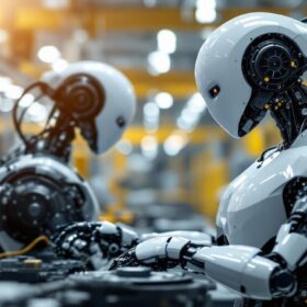 A photograph of a sleek industrial robot in action