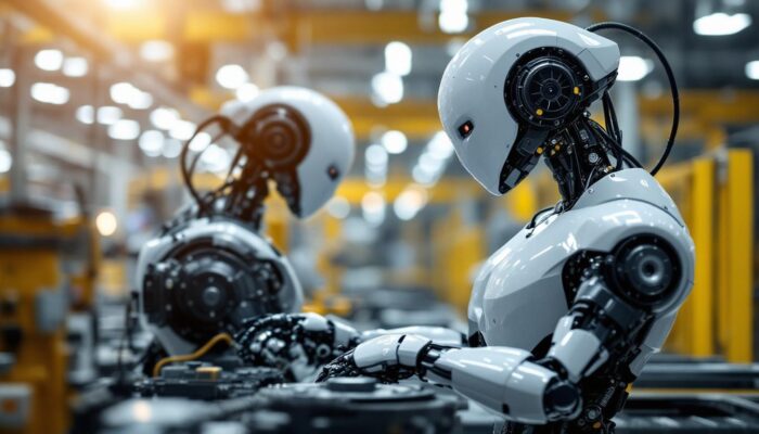 A photograph of a sleek industrial robot in action