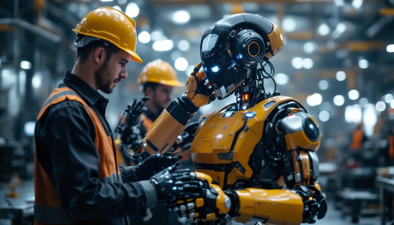 A photograph of a humanoid robot interacting with workers in an industrial setting