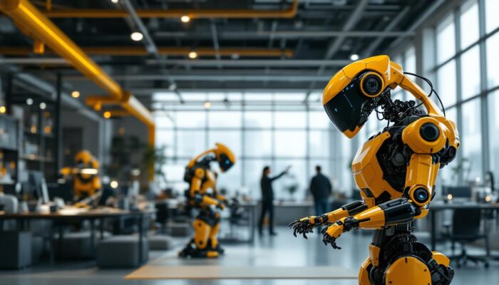 A photograph of capture a photograph of boston dynamics' headquarters showcasing their innovative robots in action