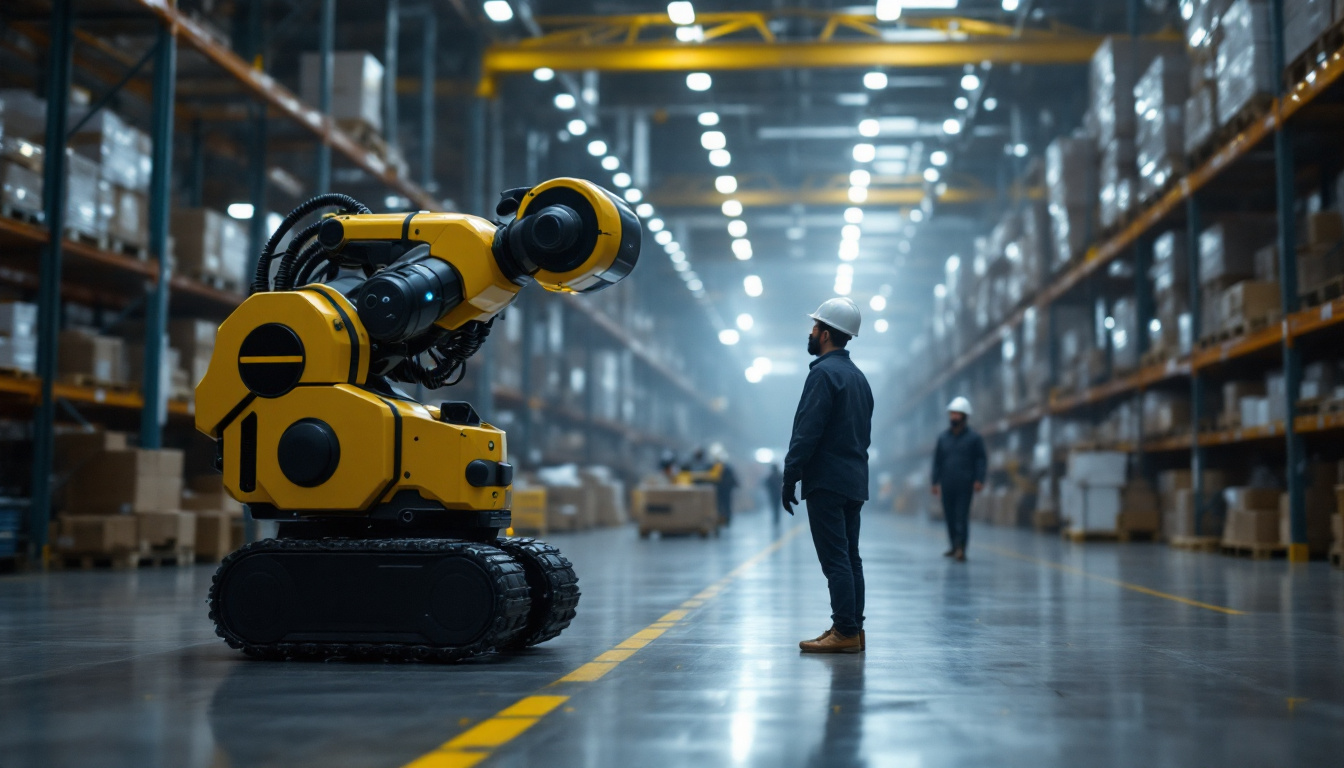 A photograph of a locus robotics autonomous robot in action within a warehouse setting