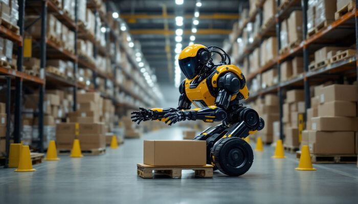 A photograph of capture a photograph of boston dynamics' stretch robot in action within a dynamic warehouse environment