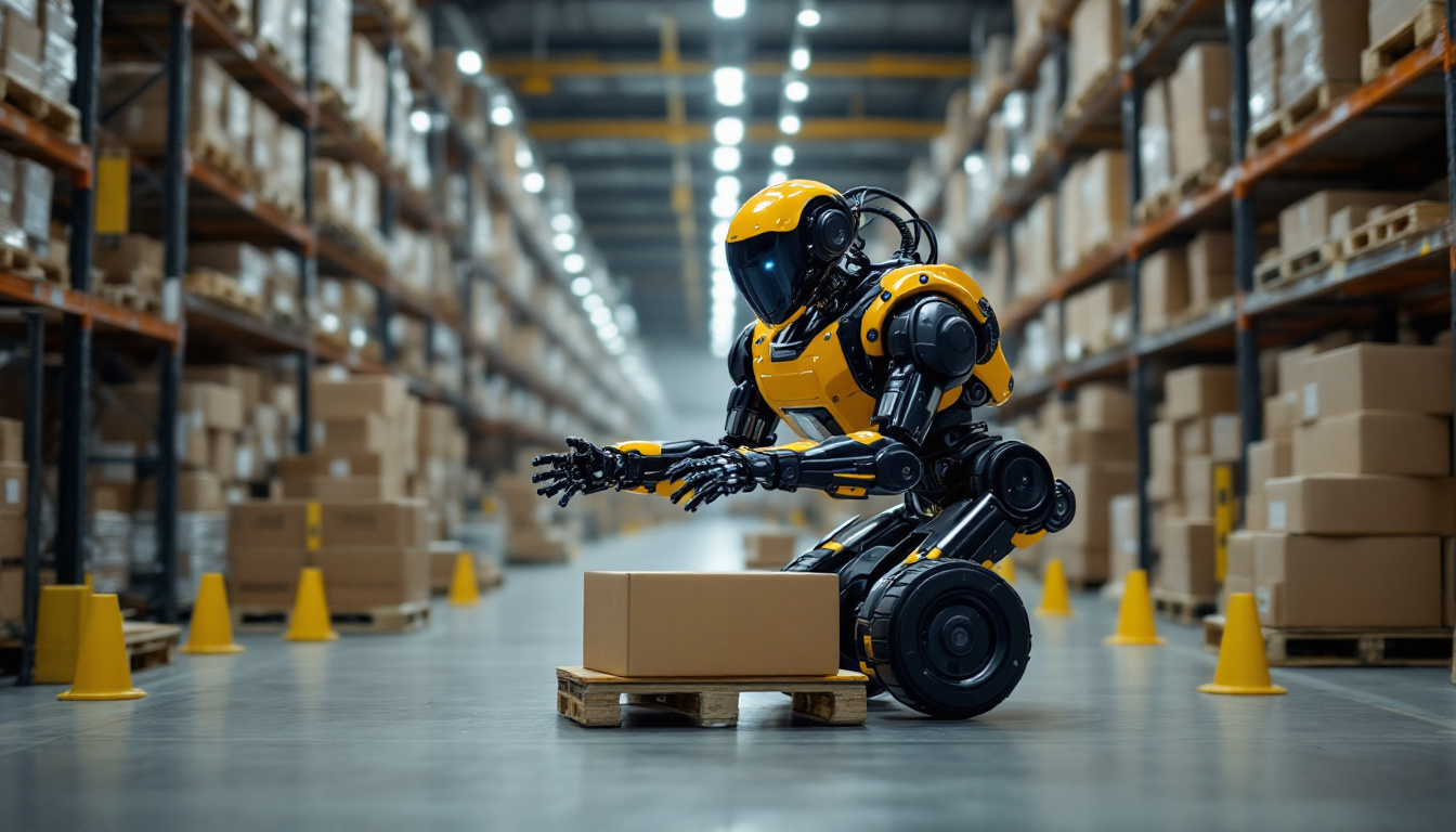 A photograph of capture a photograph of boston dynamics' stretch robot in action within a dynamic warehouse environment