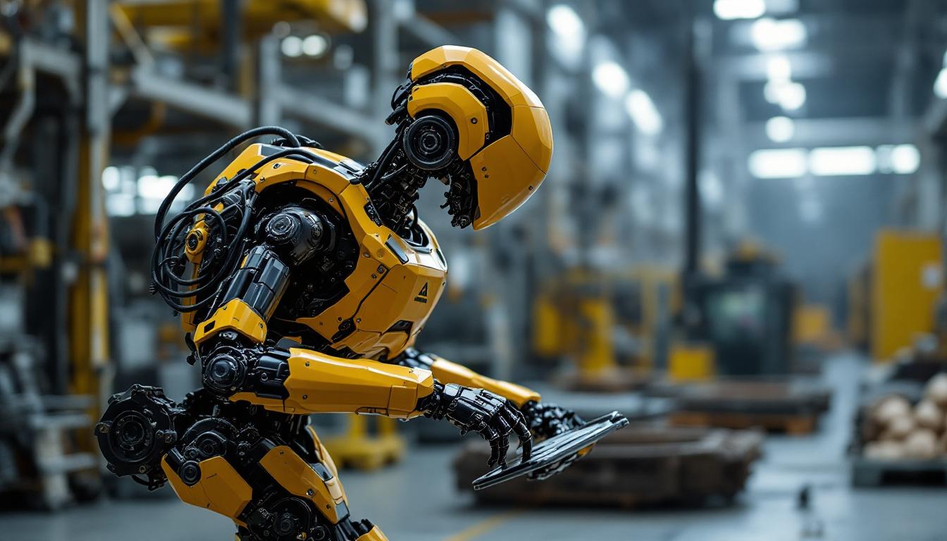 A photograph of a boston dynamics military robot in an industrial setting