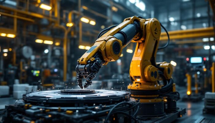 A photograph of a highly detailed industrial robotic arm in action