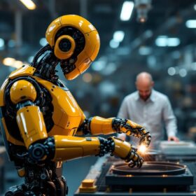 A photograph of a modern industrial robot in action