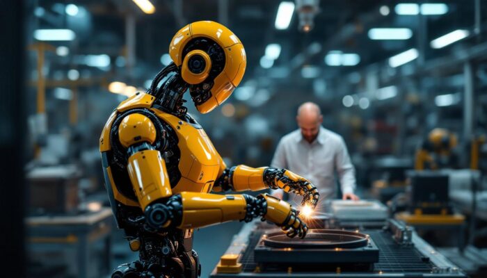 A photograph of a modern industrial robot in action