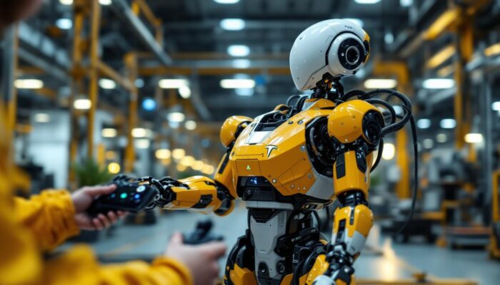 A photograph of a tesla robot in an industrial setting