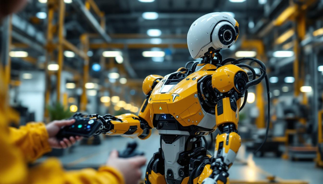 A photograph of a tesla robot in an industrial setting