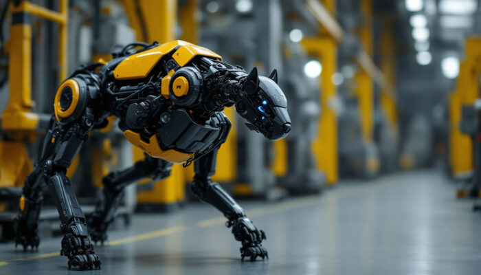 A photograph of a boston dynamics robot dog in an industrial setting
