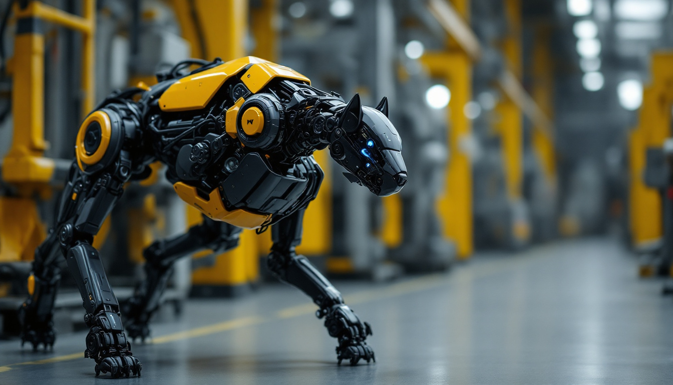 A photograph of a boston dynamics robot dog in an industrial setting