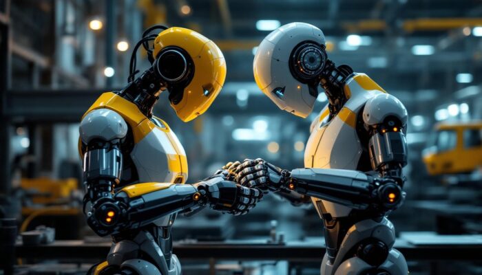 A photograph of a sleek industrial robot in action within a modern manufacturing facility