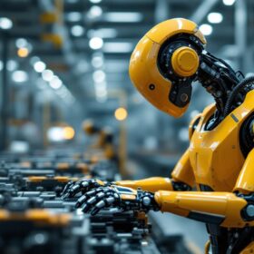 A photograph of a sleek industrial robot in action on a factory floor
