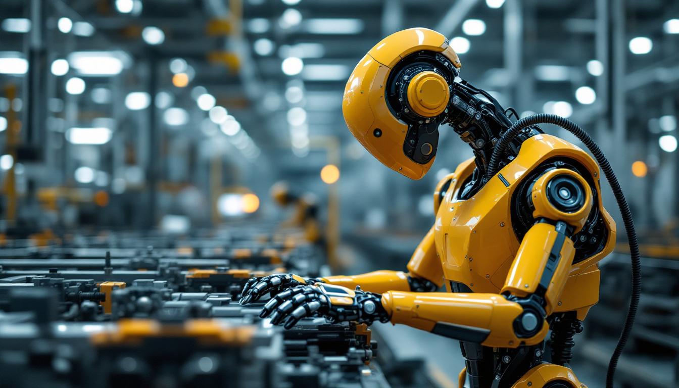 A photograph of a sleek industrial robot in action on a factory floor