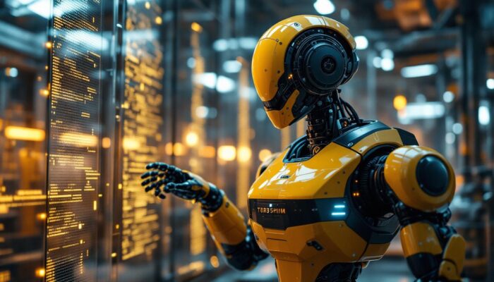 A photograph of a sleek industrial robot in action within a high-tech environment