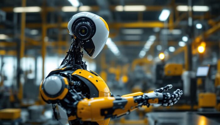 A photograph of a sleek industrial robot in action on a factory floor