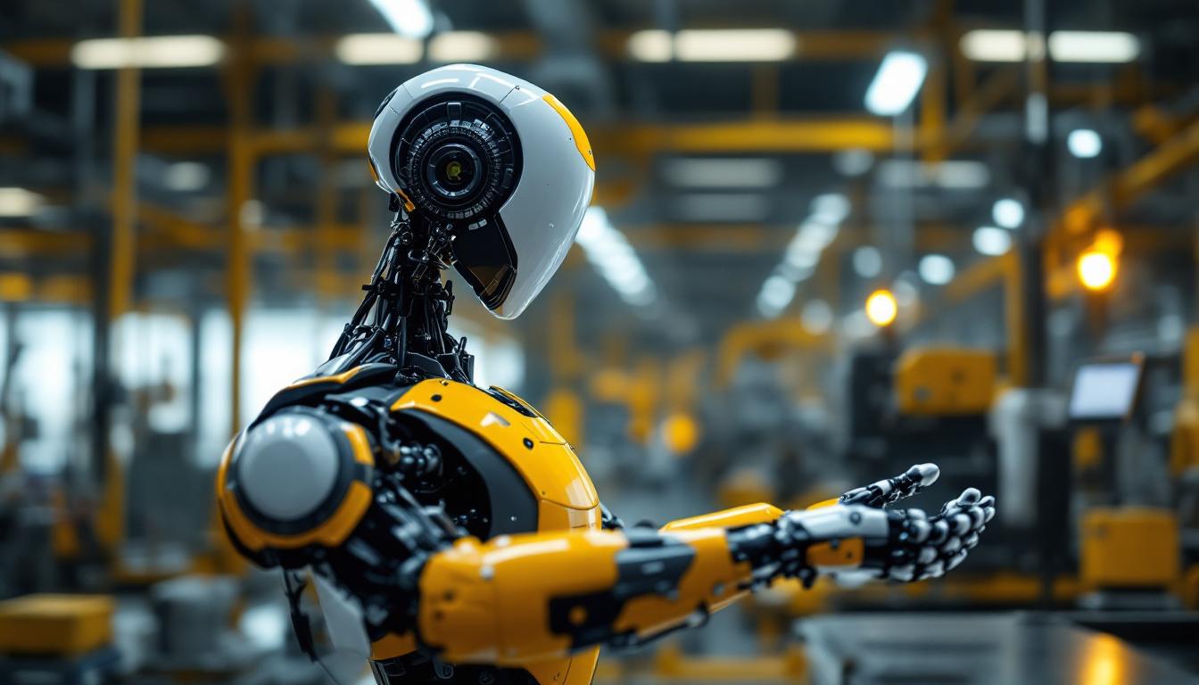 A photograph of a sleek industrial robot in action on a factory floor