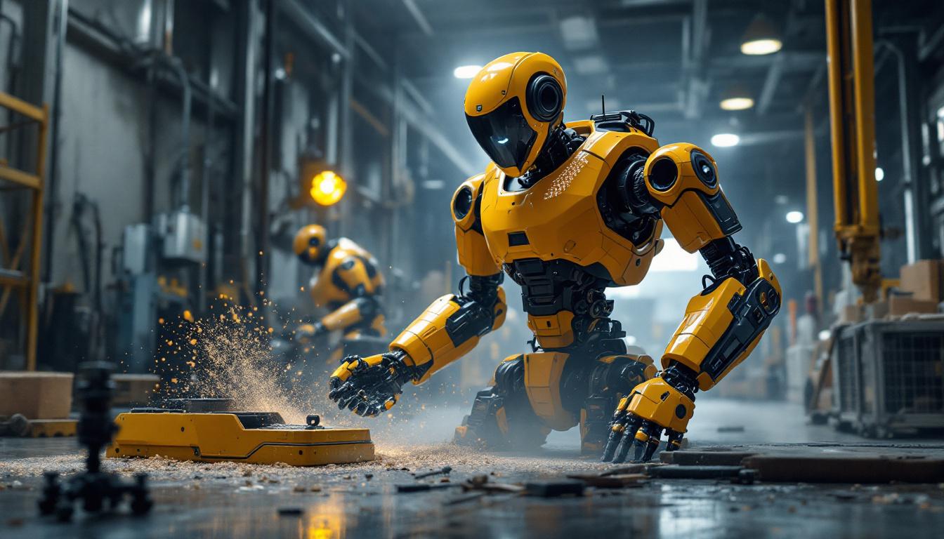 A photograph of a dynamic scene showcasing the atlas droid in action within an industrial setting