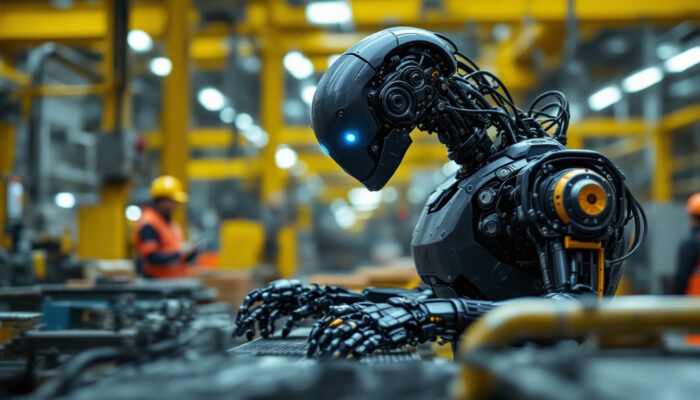 A photograph of a boston dynamics robot in action within an industrial setting