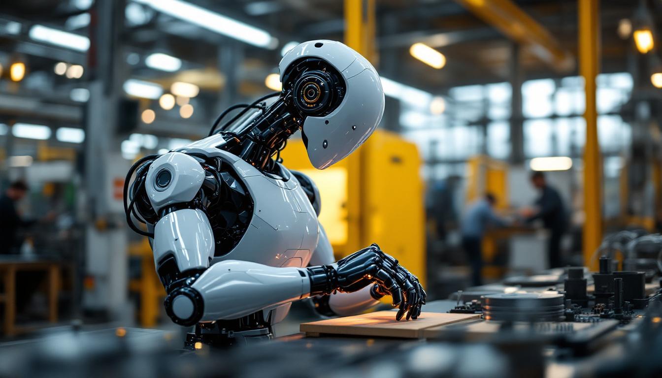 A photograph of a sleek industrial robot in action within a boston manufacturing setting