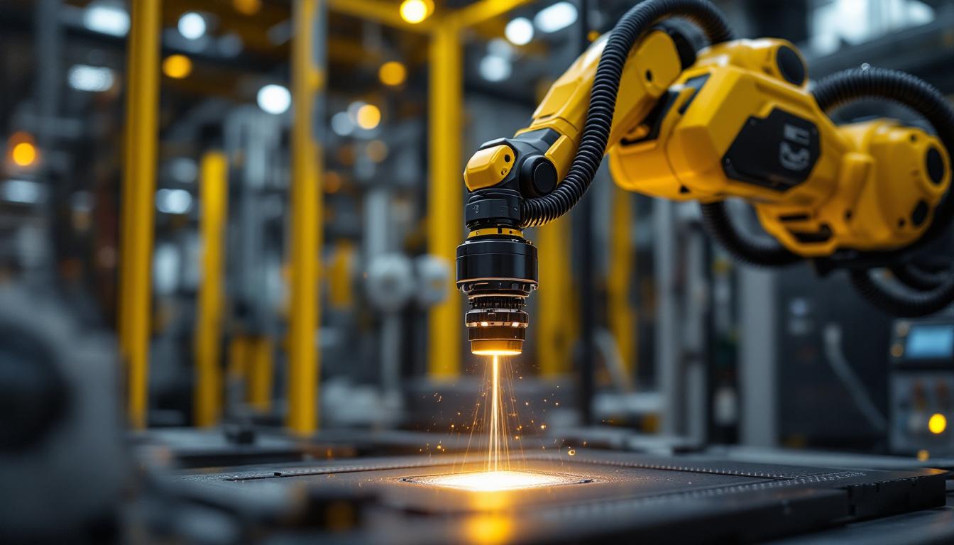 A photograph of a sleek industrial robotic arm equipped with an acoustic scanner in action