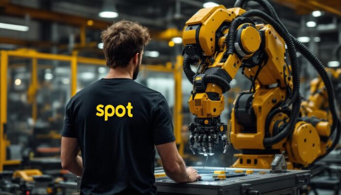 A photograph of a spot t-shirt being worn by a person interacting with an industrial robot in a dynamic workspace