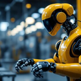 A photograph of a sleek industrial robot in action