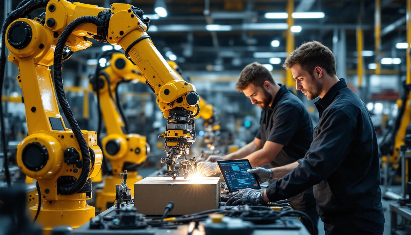 A photograph of a dynamic industrial robotics workspace in boston