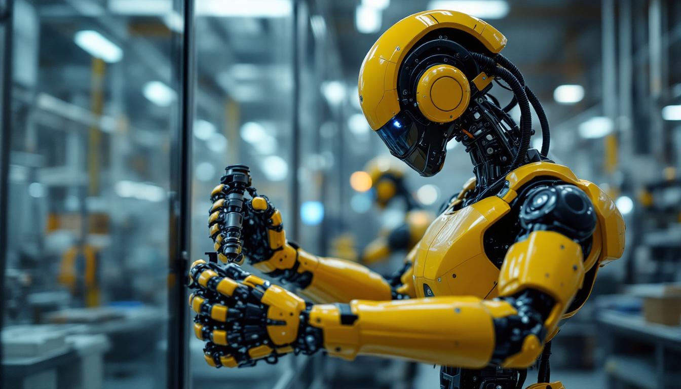 A photograph of a sleek industrial robot in action within a modern manufacturing facility