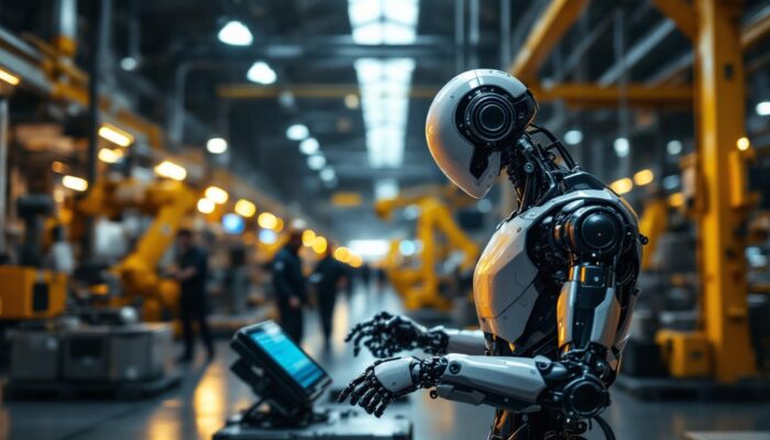 A photograph of a sleek industrial robot in action within a modern manufacturing facility