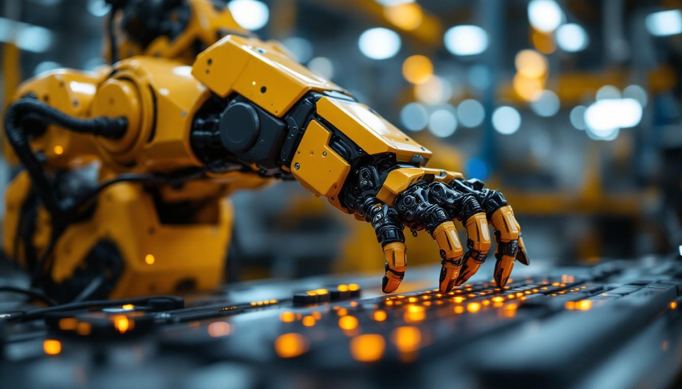 A photograph of a close-up of an industrial robot in action