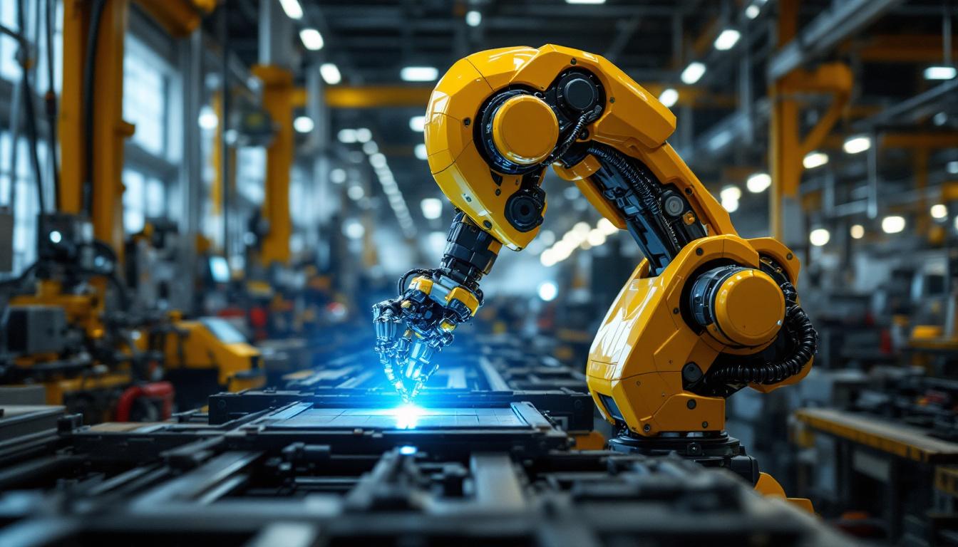 A photograph of a sleek industrial robot in action within a bustling boston manufacturing facility