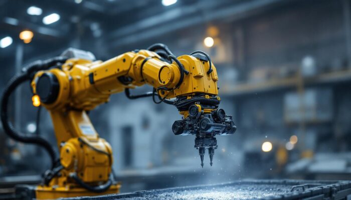 A photograph of capture a photograph of an industrial robotic arm in action at kidd creek mine