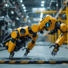 A photograph of a big dog robot in action within an industrial setting