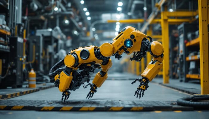 A photograph of a big dog robot in action within an industrial setting