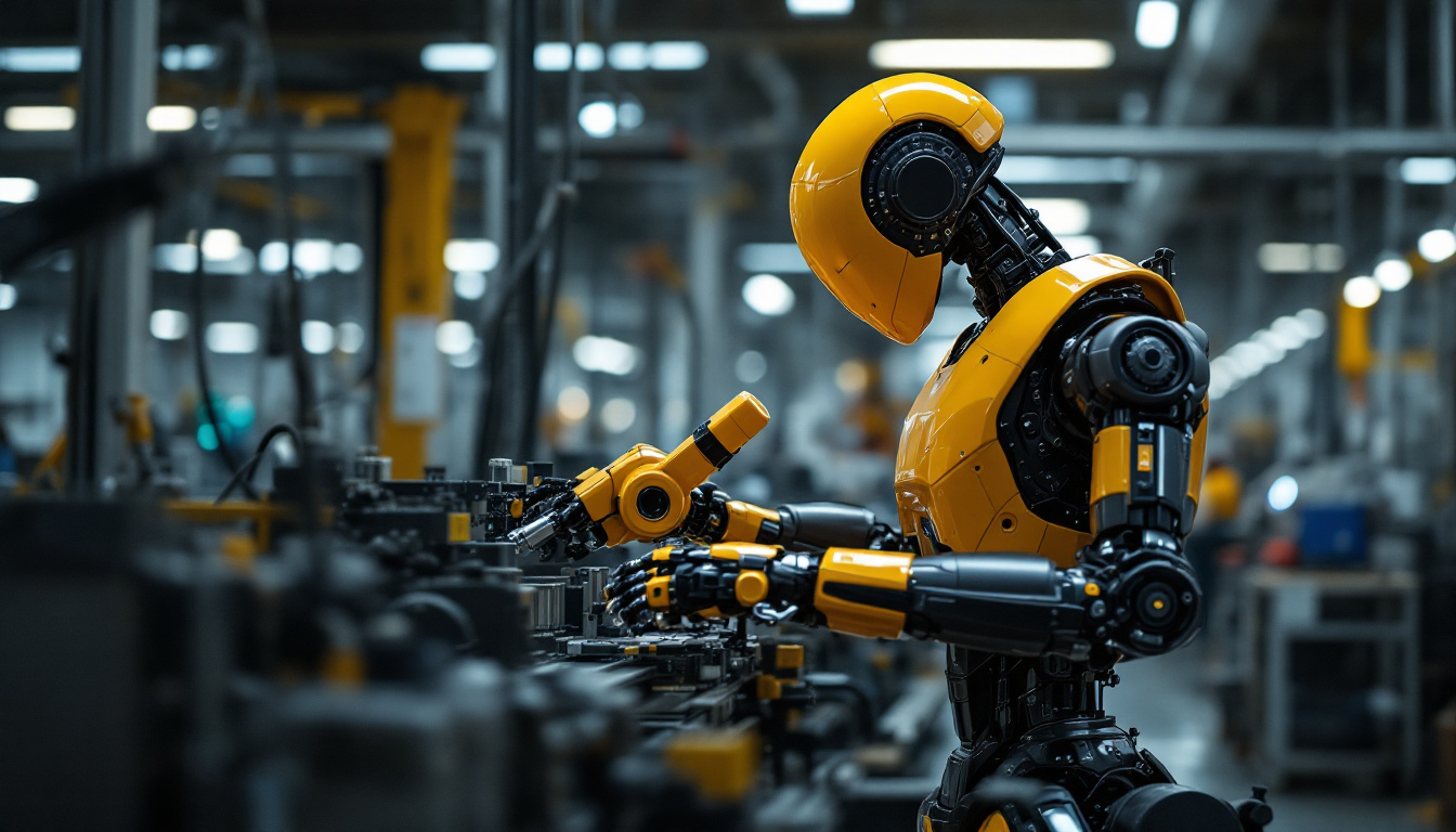 A photograph of a sleek industrial robot in action within a modern manufacturing environment