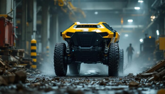 A photograph of capture a photograph of the boston dynamics mule in action