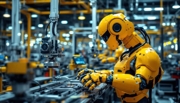 A photograph of capture a photograph of a sleek hyundai industrial robot in action within a modern manufacturing facility