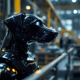 A photograph of a sleek and modern labrador robot in an industrial setting