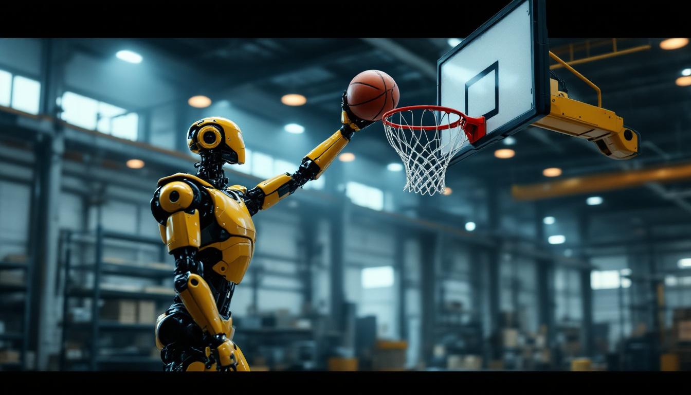 A photograph of a dynamic scene featuring an industrial robot skillfully shooting a basketball into a hoop