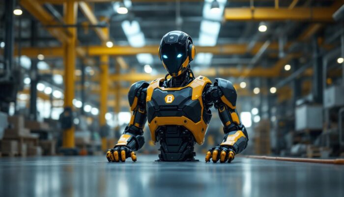 A photograph of a boston dynamics robot in action within an industrial setting