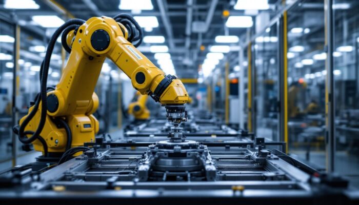 A photograph of a sophisticated industrial robotic arm in action within a boston scientific facility