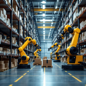 A photograph of a modern industrial warehouse setting showcasing a robotic picking system in action