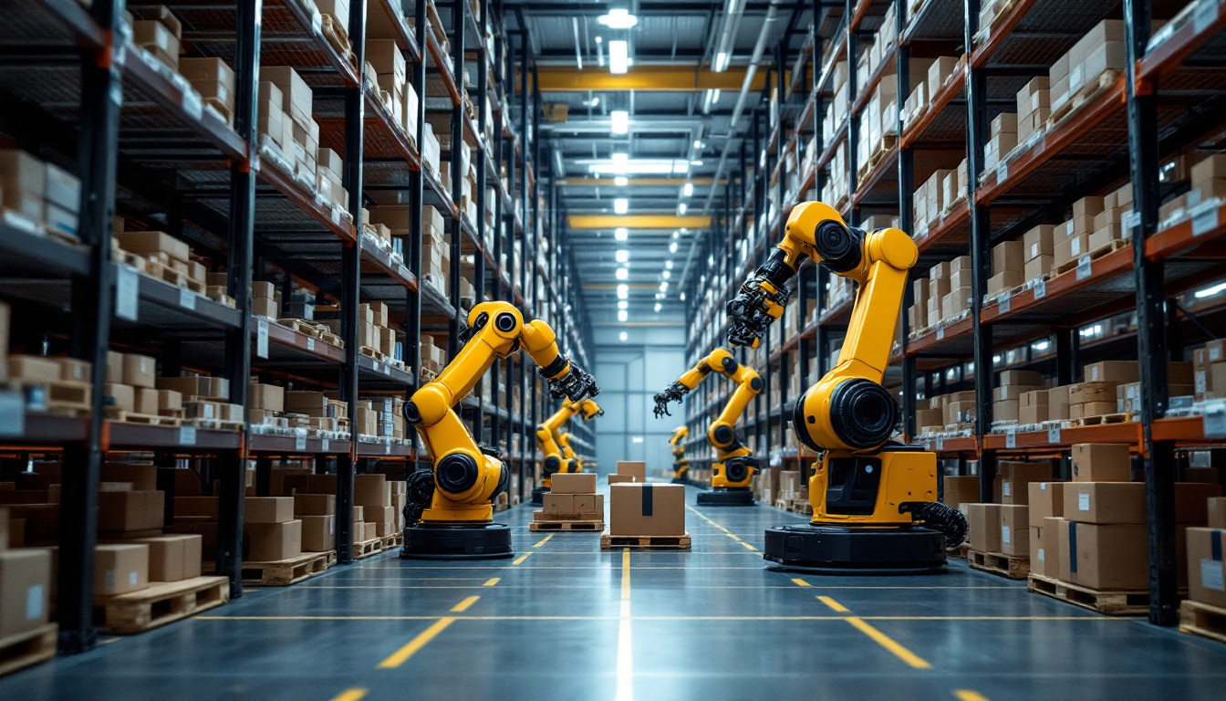 A photograph of a modern industrial warehouse setting showcasing a robotic picking system in action