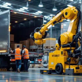 A photograph of a sleek industrial robotic trailer unloader in action