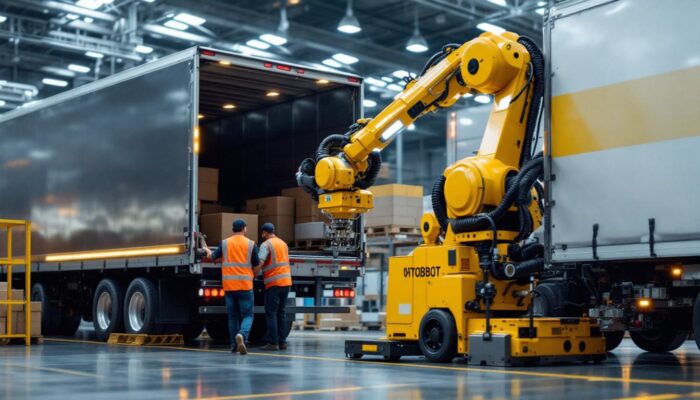 A photograph of a sleek industrial robotic trailer unloader in action