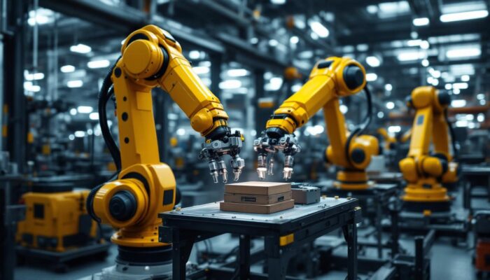 A photograph of a dynamic industrial robotics environment in boston
