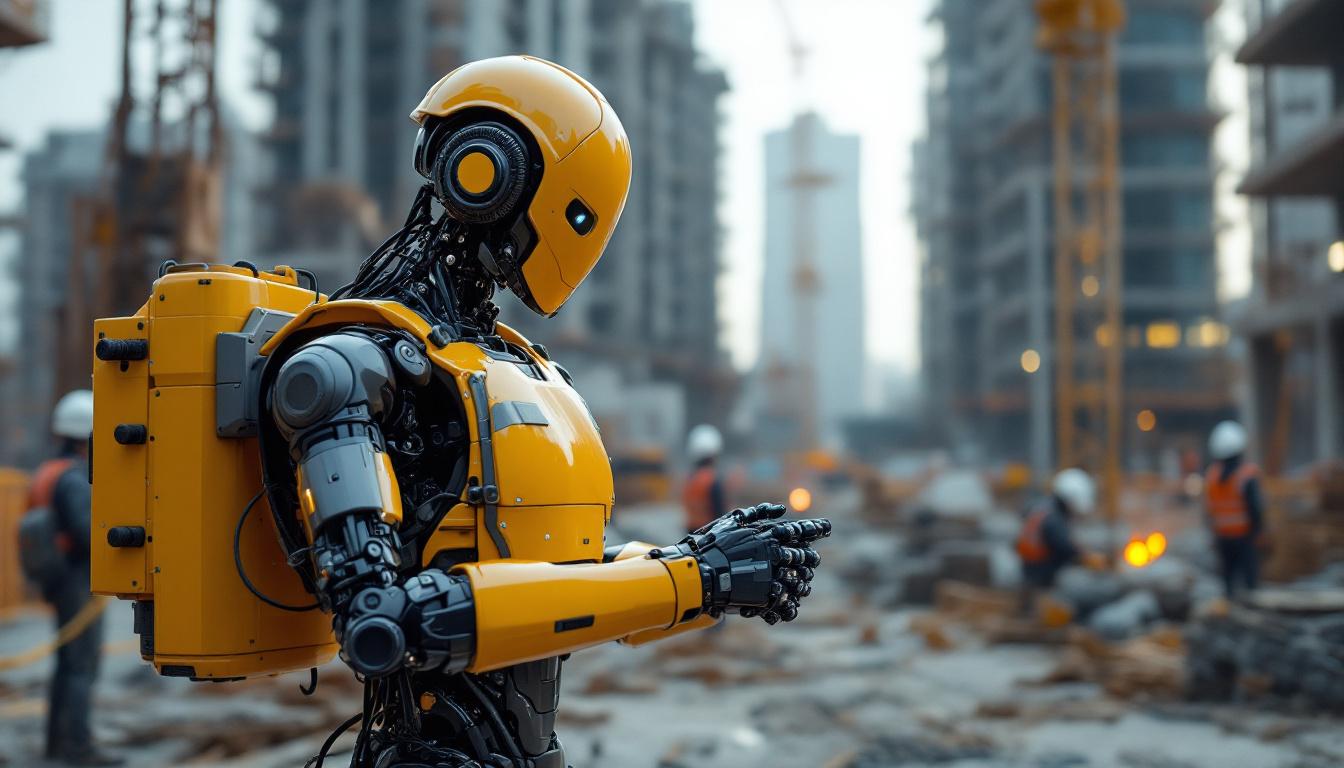 A photograph of a robotic construction worker in action on a construction site